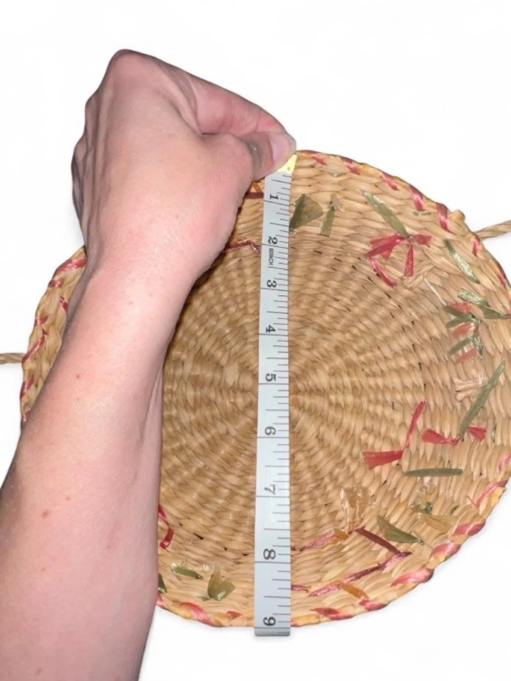 Vintage 70s Handwoven Straw Raffia Flower Accent Basket